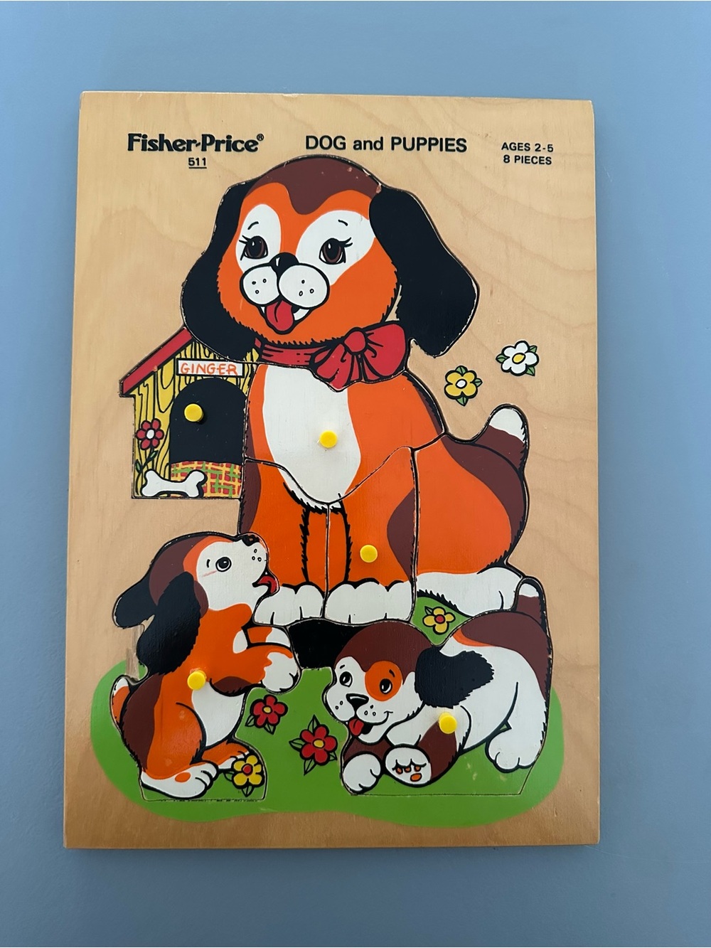 Vintage Fisher-Price #511 Dog & Puppies Wooden Peg Puzzle 8 Piece